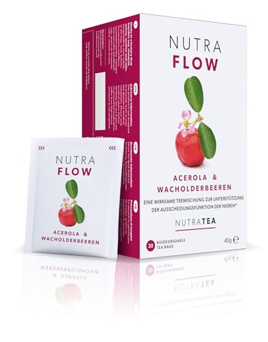 Nutra Tea NUTRAFLOW, Nieren und Blasentee zur Unterstützung bei Blasenentzündung, trägt zur Ausscheidungsfunktion der Nieren bei, 20 wiederverwendbare Teebeutel, Kräutertee mit Cranberry & Acerola von Nutra Tea