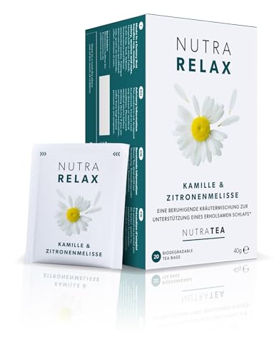 Nutra Tea NUTRARELAX, Schlaftee fördert den Einschlafvorgang, Entspannungs Tee für ein geistiges & körperliches Wohlbefinden, 20 wiederverwendbare Teebeutel, Nerventee mit Kamille & Zitronenmelisse von Nutra Tea