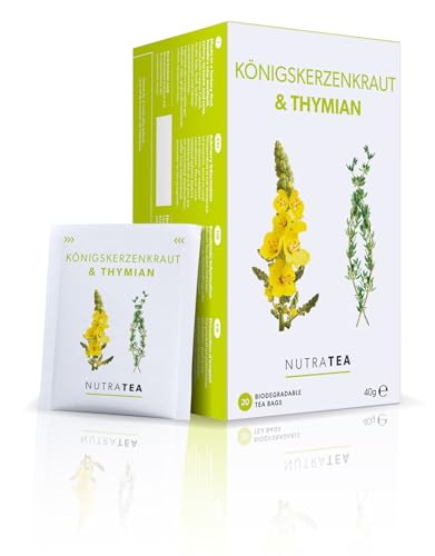 Nutra Tea Königskerze & Thymian, Husten und Bronchialtee zur Unterstützung von Halsschmerzen, Thymian Tee wirkt wärmend & unterstützend, 20 wiederverwendbare Teebeutel von Nutra Tea
