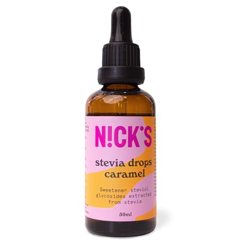 NICKS Stevia Flüssig Flavour Drops Karamell (50ml) Keto Zuckerfreie Tafelsüße ohne Kalorien, Low carb Zuckerersatz, Süßstoff, Flüssigsüße, Alternative zu Zucker, Süßungsmittel mit Pipette von N!CK'S