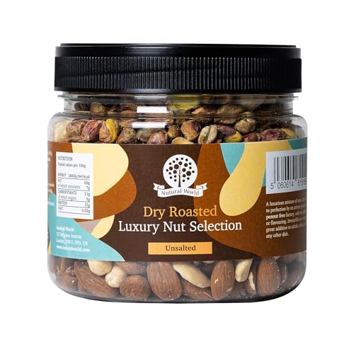 Nutural World Ganze trocken geröstete Luxus-Nuss-Auswahl, Mischung aus Mandel, Cashew, Macadamia, Pekannuss und Pistazienkern, kein Palmöl, kein Salz (500 g) von Nutural World