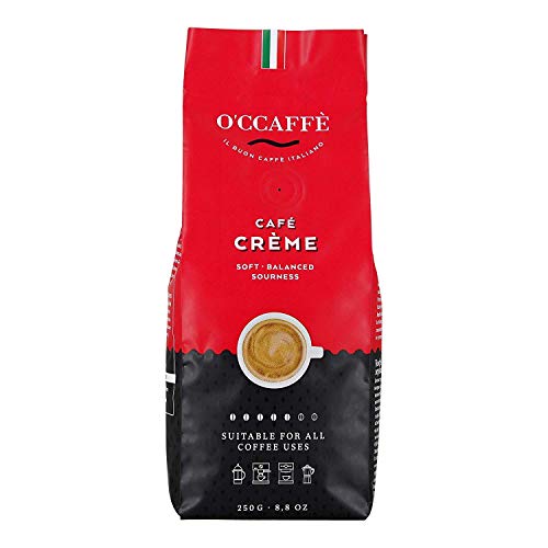 O'CCAFFÈ – Café Crème | 250 gr ganze Kaffeebohnen | säurearmer, aromatischer Kaffee Crema | extra langsame Trommelröstung aus italienischem Familienbetrieb von O'CCAFFE'