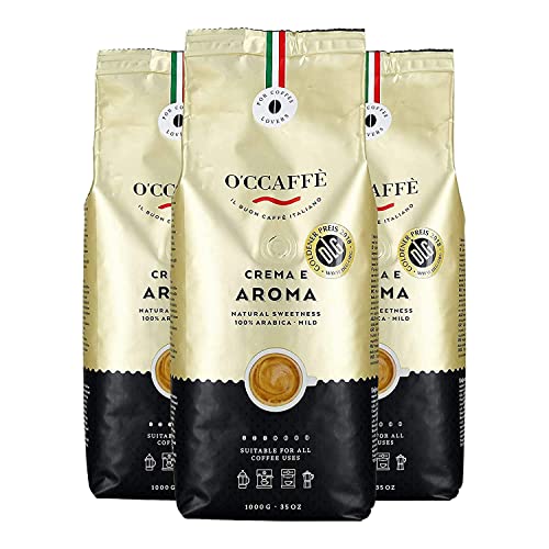 O'CCAFFÈ – Crema e Aroma 100% Arabica Kaffee | 3 x 1 kg ganze Kaffeebohnen | extra langsame Trommelröstung aus italienischem Familienbetrieb von O'CCAFFE'