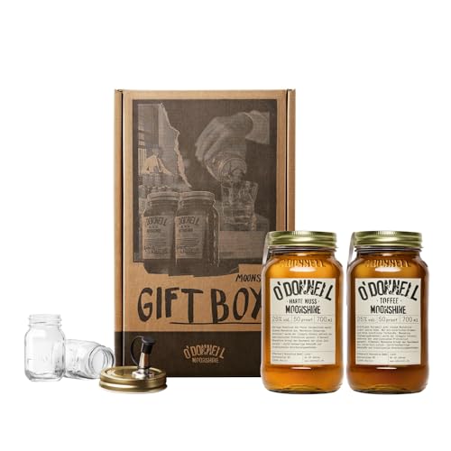 O'Donnell Moonshine Likör Geschenkset Made in Berlin – 2x Premium Karamell Toffee Likör & Haselnusslikör (700ml) + 2x Mason Jar Whiskey Gläser + Ausgießer (Geschenk für Männer) in Geschenkbox von O'Donnell Moonshine