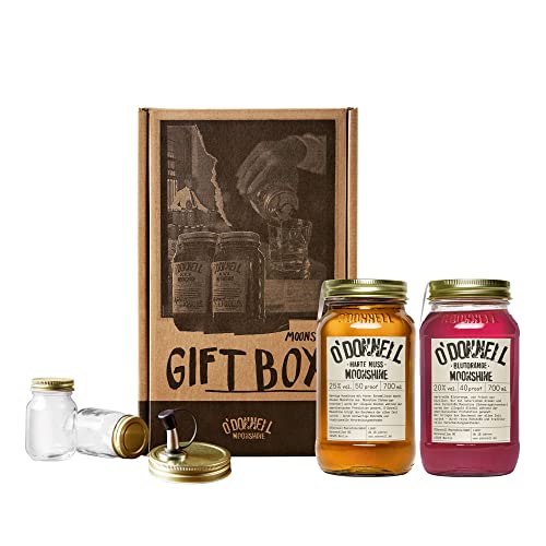 O'Donnell Moonshine Likör Geschenkset Made in Berlin – 2x fruchtige Blutorange- & Haselnuss-Likör (700ml) + 2x Mason Jar Whiskey Gläser + Ausgießer (Geschenk für Männer) in Geschenkbox von O'Donnell Moonshine