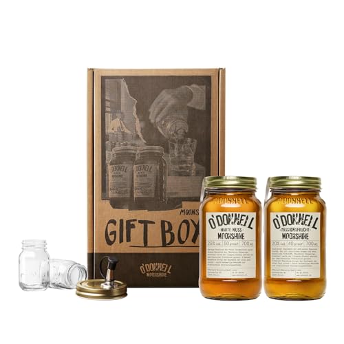 O'Donnell Moonshine Likör Geschenkset Made in Berlin – 2x frischer Passionsfrucht & Harte Nuss Rum-Likör (700ml) + 2x Mason Jar Whiskey Gläser + Ausgießer (Geschenk für Männer) in Geschenkbox von O'Donnell Moonshine