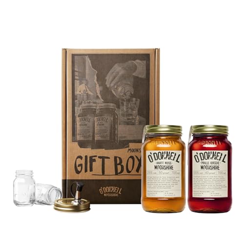 O'Donnell Moonshine Likör Geschenkset Made in Berlin – 2x Premium Cherry Kirsch-Likör & Haselnusslikör (700ml) + 2x Mason Jar Whiskey Gläser + Ausgießer (Geschenk für Männer) in Geschenkbox von O'Donnell Moonshine