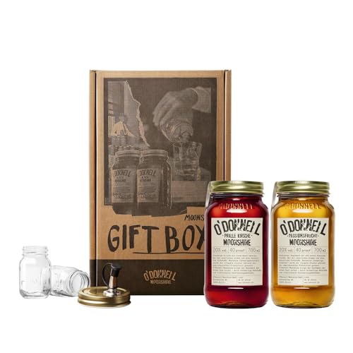 O'Donnell Moonshine Likör Geschenkset Made in Berlin – 2x frischer Passionsfrucht & Cherry Kirschlikör (je 700ml) + 2x Mason Jar Whiskey Gläser + Ausgießer (Geschenk für Männer) in Geschenkbox von O'Donnell Moonshine