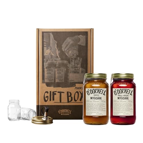 O'Donnell Moonshine Likör Geschenkset Made in Berlin – 2x Premium Haselnusslikör & Kirsch Likör (700ml) + 2x Mason Jar Whiskey Gläser + Ausgießer (Geschenk für Männer) in Geschenkbox von O'Donnell Moonshine
