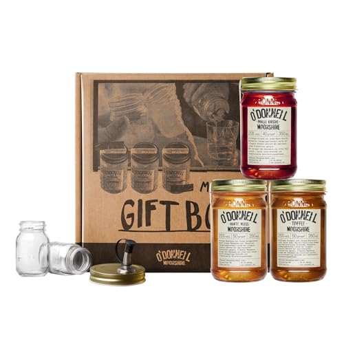 O'Donnell Moonshine Likör Geschenkset Made in Berlin – 3x Premium Likör Toffee, Kirsche & Haselnusslikör (350ml) + 2x Mason Jar Whiskey Gläser + Ausgießer (Geschenk für Männer) in Geschenkbox von O'Donnell Moonshine