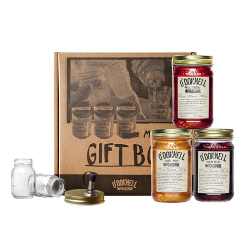O'Donnell Moonshine Likör Geschenkset Made in Berlin – 3x Premium Likör Kirsche, Haselnusslikör & Wild Berry (350ml) + 2x Mason Jar Whiskey Gläser + Ausgießer (Geschenk für Männer) in Geschenkbox von O'Donnell Moonshine