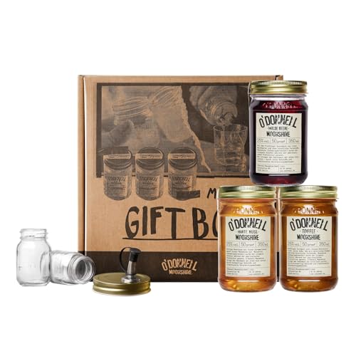 O'Donnell Moonshine Likör Geschenkset Made in Berlin – 3x Premium Likör Toffee, Berry & Haselnusslikör (350ml) + 2x Mason Jar Whiskey Gläser + Ausgießer (Geschenk für Männer) in Geschenkbox von O'Donnell Moonshine