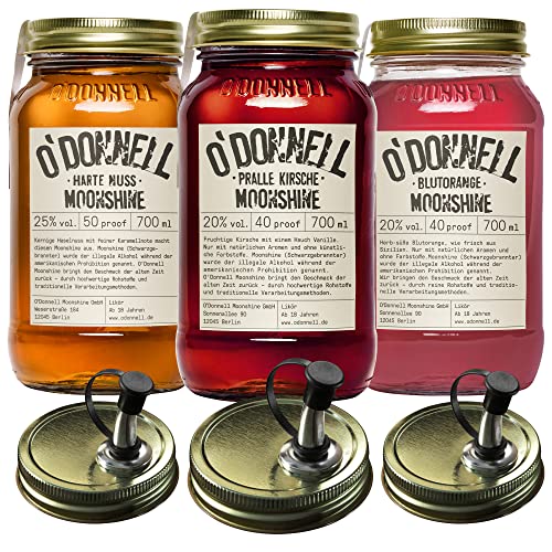 O'Donnell Moonshine Likör Set 3x 700ml Premium Likör (Made in Berlin) Fruchtiger Likör in Original Mason Jars + 3x Ausgießer – Harte Nuss Haselnusslikör, Blutorange & Cherry Kirschlikör von O'Donnell Moonshine