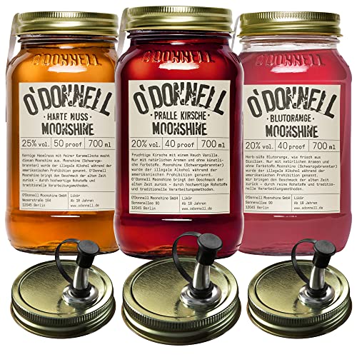 O'Donnell Moonshine Geschenkset | Geschenkbox | Premium Likör nach amerikanischer Tradition | 3 x 700ml | Natürliche Zutaten | Vegan | mit Ausgießer (Harte Nuss/Pralle Kirsche/Blutorange) von O'Donnell Moonshine