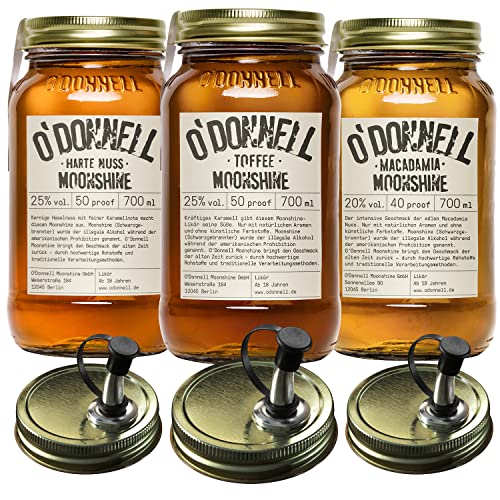 O'Donnell Moonshine Likör Set 3x 700ml Premium Likör (Made in Berlin) Whiskey Likör in Original Mason Jars + 3x Ausgießer – Harte Nuss Haselnusslikör, Karamell Toffee Likör & Fruchtige Macadamia von O'Donnell Moonshine