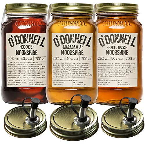 O'Donnell Moonshine Geschenkset | Geschenkbox | Premium Likör nach amerikanischer Tradition | 3 x 700ml | Natürliche Zutaten | Vegan | mit Ausgießer (Macadamia/Cookie/Harte Nuss) von O'Donnell Moonshine