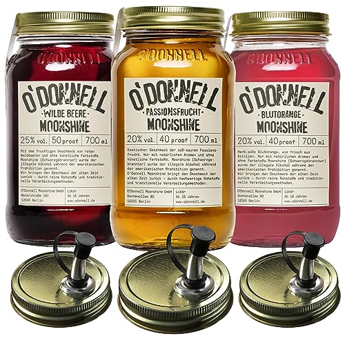 O'Donnell Moonshine Fruchtiger Likör Set 3x 700ml Premium Likör (Made in Berlin) Premium Likör in Original Mason Jars + 3x Ausgießer – Frische Passionsfrucht, Wild Berry & Blutorange von O'Donnell Moonshine