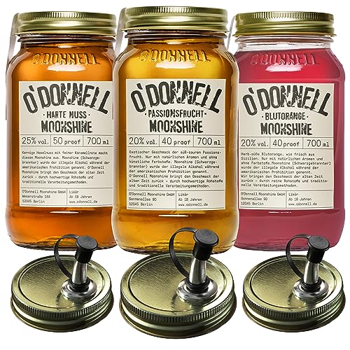 O'Donnell Moonshine Likör Set 3x 700ml Premium Likör (Made in Berlin) Fruchtiger Likör in Original Mason Jars + 3x Ausgießer – Harte Nuss Haselnusslikör, frische Passionsfrucht & Blutorange von O'Donnell Moonshine