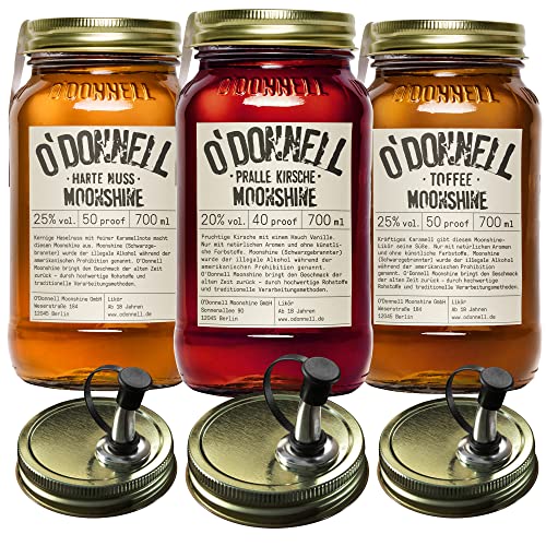 O'Donnell Moonshine Likör Set 3x 700ml Premium Likör (Made in Berlin) Rum Likör in Original Mason Jars + 3x Ausgießer – Harte Nuss Haselnusslikör, Karamell Toffee & Kirschlikör von O'Donnell Moonshine