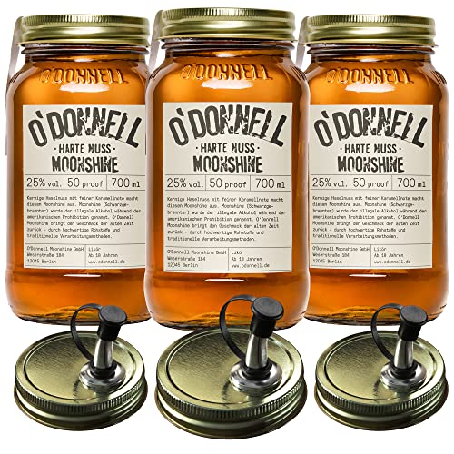 O'Donnell Moonshine Harte Nuss Haselnusslikör Set 3x 700ml Premium Likör (Made in Berlin) - unser beliebtester Rum Likör in Original Mason Jars + 3x Ausgießer - leckerer Whiskey & Karamell Geschmack von O'Donnell Moonshine