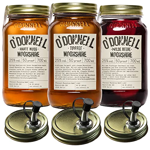 O'Donnell Moonshine Likör Set 3x 700ml Premium Likör (Made in Berlin) Rum Likör in Original Mason Jars + 3x Ausgießer – Harte Nuss Haselnusslikör, Karamell Toffee & Beerenlikör von O'Donnell Moonshine