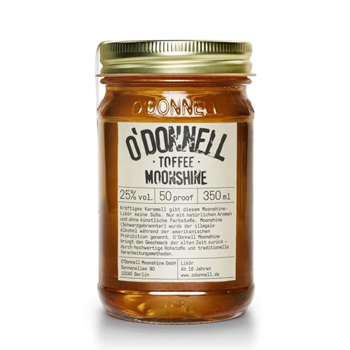 O’Donnell Moonshine Toffee Likör (Made in Berlin) - 350ml Toffeelikör süß-kräftig & leicht rauchige - Karamell Whiskey Likör im Original Moonshine Schnaps Mason Jar - 25% Alkohol in Probiergröße von O'Donnell Moonshine