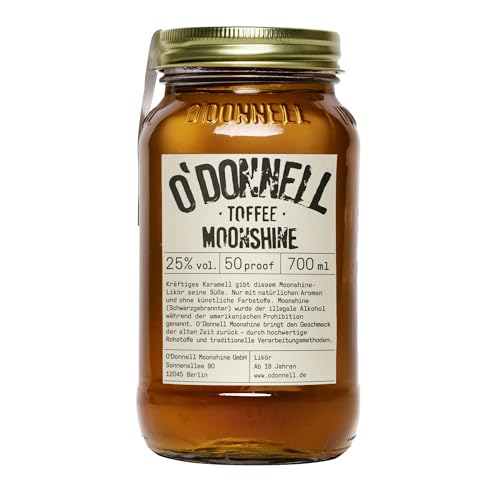 O’Donnell Moonshine Toffee Likör (Made in Berlin) 700ml Toffeelikör süß-kräftig & leicht rauchige - Karamell Whiskey Likör im Original Moonshine Schnaps Mason Jar (25%) Pur oder als Cocktail genießen von O'Donnell Moonshine