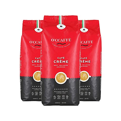 O'CCAFFÈ – Café Crème | 3 x 1 kg ganze Kaffeebohnen | säurearmer, aromatischer Kaffee Crema | extra langsame Trommelröstung aus italienischem Familienbetrieb von O'CCAFFE'