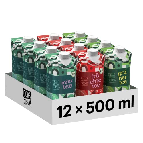 Ocha-Ocha® Eistee zuckerfrei - Probierpaket 12x500ml mit Bio-Minztee - Bio-Früchtetee - Japan-Grüntee - ohne Zusätze - ohne Süßstoffe - Zero Kalorien von OCHA OCHA