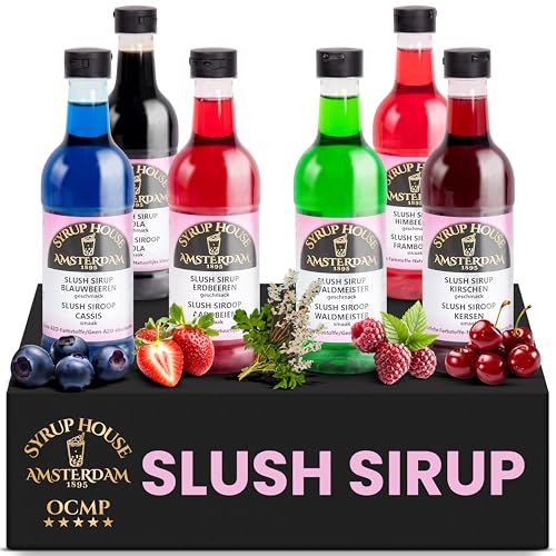 OCMP 6 x 0,2L Slush Sirup AZO Frei - 1:5 Hochkonzentrierter Getränkesirup für die Slush Maschine, Wassereis, Limonaden & Cocktails - Cola, Blaubeere, Erdbeere, Waldmeister, Kirsche, Himbeere von OCMP