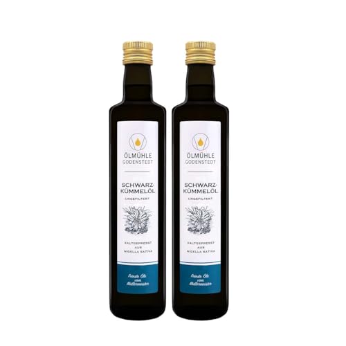 Schwarzkümmelöl (2x500ml), ungefiltert - enthält über 2.400 mg auf 100 g - Hoher Thymochinon Gehalt, 1. Kaltpressung, täglich frisch gepresst aus ägyptischer Nigella Sativa, direkt aus der Ölmühle von Ölmühle Godenstedt