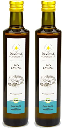 Bio Leinöl 1000ml (2x500ml) 1Liter - stets frisch kaltgepresst aus Bio Leinsaat, milder Geschmack, mit Öko-Strom in Deutschland hergestellt, direkt aus der Ölmühle Godenstedt von Ölmühle Godenstedt