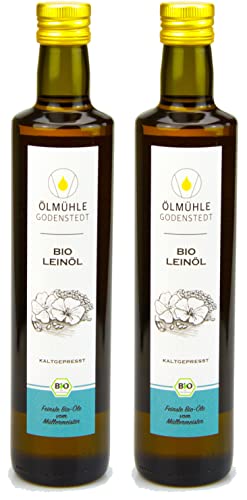 Bio Leinöl 1000ml (2x500ml) | stets frisch kaltgepresst aus Bio Leinsaat, milder Geschmack | mit Öko-Strom in Deutschland hergestellt, direkt aus der Ölmühle Godenstedt - kurze Wege von Ölmühle Godenstedt