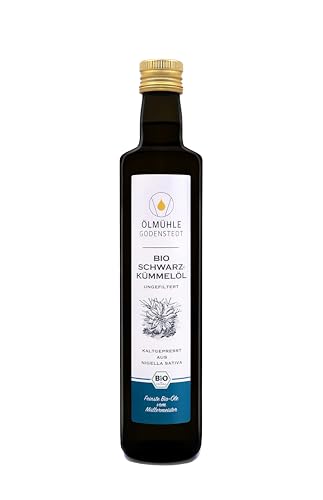 Bio Schwarzkümmelöl, ungefiltert - hoher Thymochinon Gehalt, 1. Kaltpressung, täglich frisch gepresst, ägyptische Nigella Sativa, mit Öko-Strom hergestellt (0,5 Liter (1x500ml), 500, milliliter) von Ölmühle Godenstedt