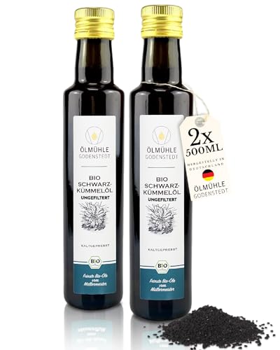 Bio Schwarzkümmelöl 1 Liter (2x 500ml), ungefiltert - 1. Kaltpressung, täglich frisch gepresst aus ägyptischer Nigella Sativa, mit Öko-Strom hergestellt, direkt aus der Ölmühle von Ölmühle Godenstedt