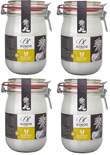 ÖLMÜHLE SOLLING - BIO Kokosöl | 100% natives Bio-Kokosnussöl | Ideal geeignet zum Braten, Backen und Frittieren, als Haut-& Haarpflege sowie für Hunde und Katzen | Inhalt: 4 x1 L im Bügel-Glas von Ölmühle Solling