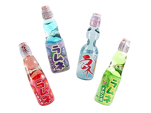 Ramune Erfrischungsgetränk Japanische Limonade - 4 Flaschen- Erdbeere + Melone + Blaubeere + Klassik - OG ASIA Soda Set - 4x 200ml von OG ASIA