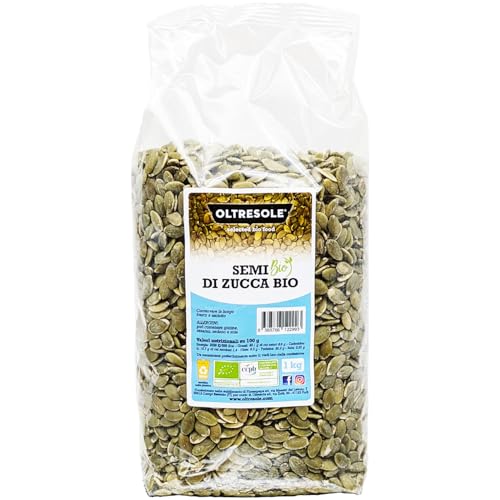 Oltresole, Bio-Kürbiskerne geschält 1 kg, Bio-Ölsaaten roh, nicht geröstet und ungesalzen, ideal als Snack oder für Salate, ideale Packung für Familien von OLTRESOLE
