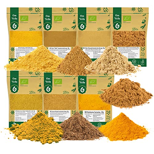 BIO Indische Gewürzmischungen Masala 7er SET - Garam Masala, Hot Bombay Curry, Madras Curry, Asia Wok, Chai Masala, Kurkuma Grundausstattung Geschenkset BIO Gewürzset Gewürze Set von OM Indische Gewürze