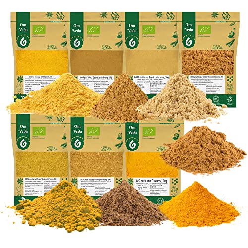 BIO Indische Gewürzmischungen Masala 7er SET - Garam Masala, Hot Bombay Curry, Madras Curry, Asia Wok, Chai Masala, Kurkuma Grundausstattung Geschenkset BIO Gewürzset Gewürze Set von OmVeda