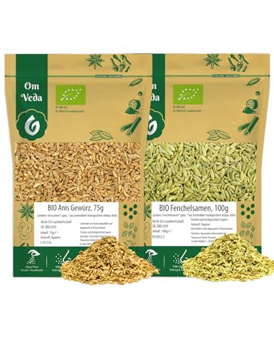 BIO Anis 75g + BIO Fenchel 100g | Anissamen und Fenchelsamen BIO Gewürze-Set 175g | Teegewürz Pur | Für Küche und Tee | Organic Bio-zertifiziert DE-ÖKO-039 | OmVeda von OmVeda