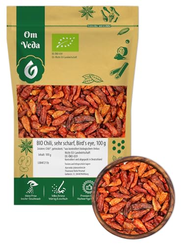 BIO Chilischoten | Birds Eye Chili Ganz | Sehr Scharf Schärfegrad 9 | Rote Getrocknete Chili Schoten | BIO Chili | Aromaschutz | 100g von OmVeda