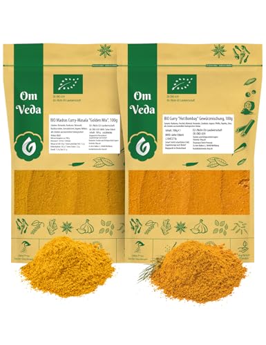 BIO Curry Pulver Gewürzmischungen 200g | Hot Bombay Masala Scharf + Madras Curry Golden Mix Mild | Indische Gewürze Currypulver Currygewürz 2er SET (2x 100g) | Organic Bio-zertifiziert DE-ÖKO-039 von OmVeda