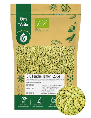 BIO Fenchelsamen 200g Fenchel Gewürz Fenchelsaat Fennel Seeds ganz | BIO-Qualität | Teegewürz Kräutertee Fencheltee | OmVeda Gewürze | Für Küche und Tee von OmVeda