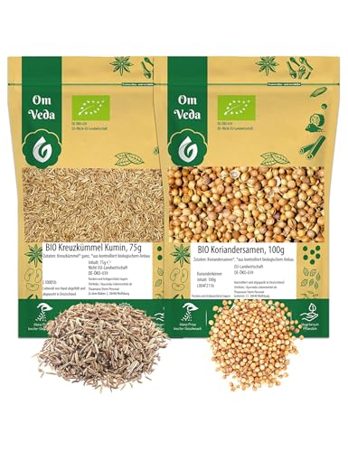 BIO Kreuzkümmel 75g + BIO Koriander 100g | Indische Gewürze SET 175g | Organic Bio-zertifiziert DE-ÖKO-039 | Kumin Cumin Jeera Coriander SET | Für Küche und Tee | OmVeda von OmVeda