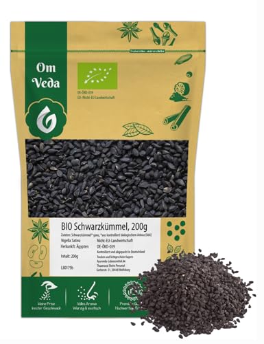 BIO Schwarzkümmel 200g Nigella Sativa Echter Schwarzkümmelsamen ganz aus Ägypten | Organic Bio-zertifiziert DE-ÖKO-039 | Black Cumin | OmVeda Gewürze | Für Küche, Tee und Öl von OmVeda