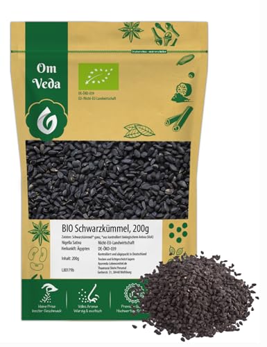 BIO Schwarzkümmel 200g Nigella Sativa Echter Schwarzkümmelsamen Schwarzkümmelkörner ganz aus Ägypten | Organic Bio-zertifiziert DE-ÖKO-039 | Black Cumin | OmVeda | Für Küche, Tee und Öl von OmVeda