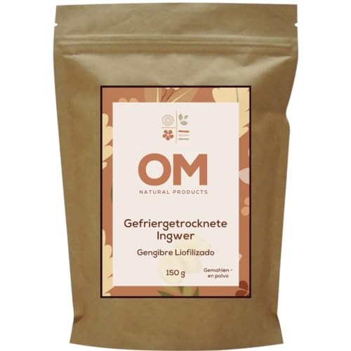 Vakuumgetrocknetes Ingwerpulver (200g) aus Peru | (Gefriertrocknungsqualität) | fein gemahlen, sehr intensiver Geschmack und Farbe | Perfekt für Ingwertee, zum Kochen oder Cocktails (150 G) von OM Natural Products