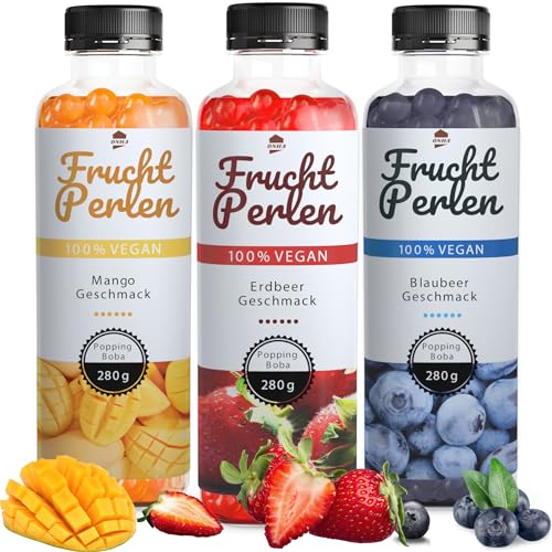 ONHA Bubble Tea Perlen Set - 3er Pack Bubble Tea Set mit Popping Boba Fruchtperlen - fruchtige Tapioka Perlen Bubble Tea servierfertig - 100% vegan und glutenfrei - Erdbeere, Mango, Blaubeere von ONHA