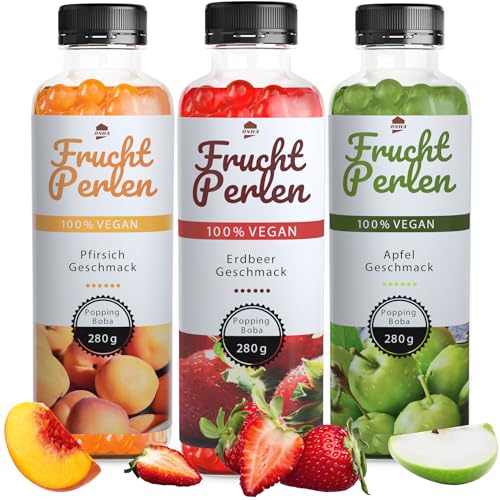 ONHA Bubble Tea Perlen Set - 3er Pack Bubble Tea Set mit Popping Boba Fruchtperlen - fruchtige Tapioka Perlen Bubble Tea servierfertig - 100% vegan und glutenfrei - Erdbeere, Pfirsich, Apfel von ONHA
